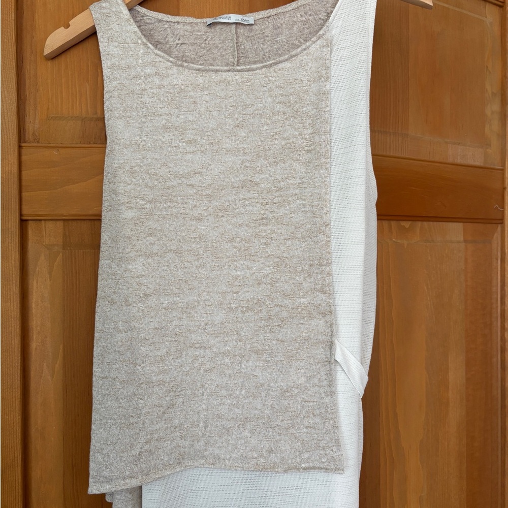 Zara Gray and White Asymmetrical Sleeveless Tank Top